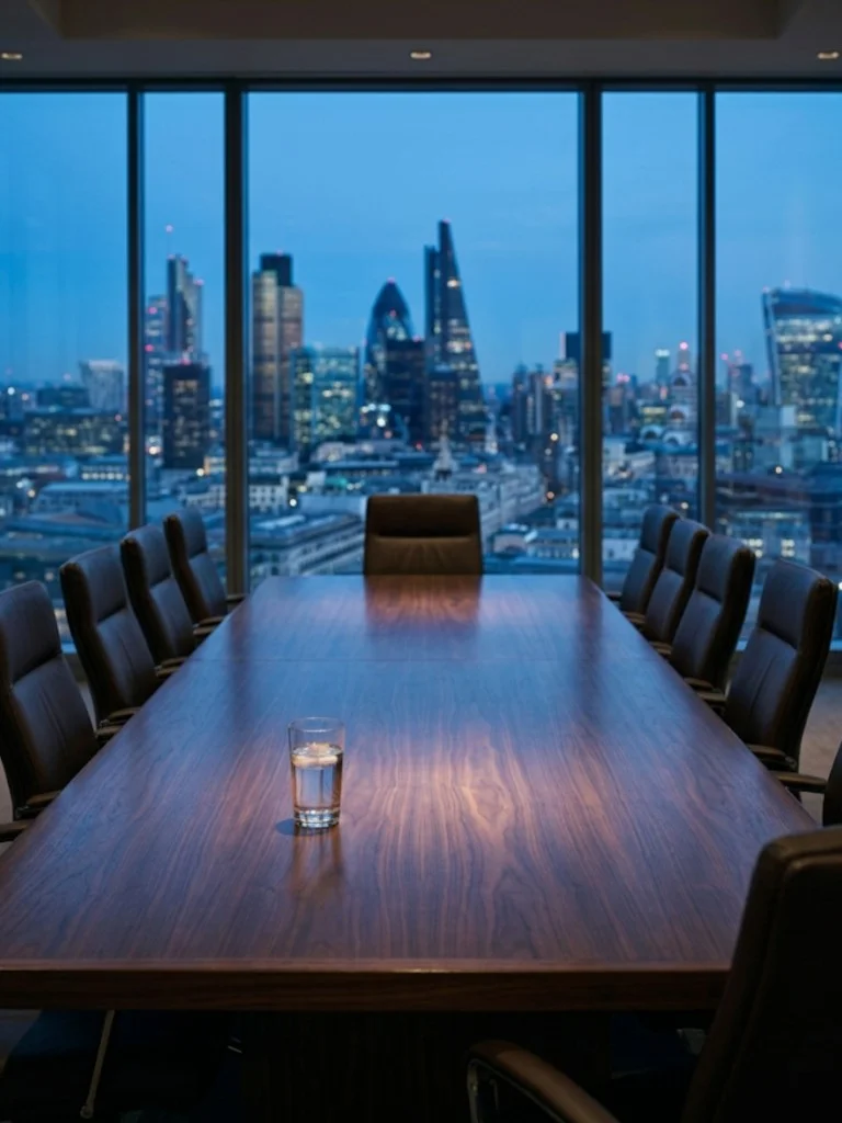 Executive boardroom with long dark wood conference table and leather chairs; twilight city skyline through floor-to-ceiling glass