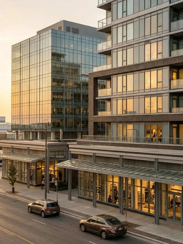 Mixed-use urban street at golden hour: modern office tower, residential brick building with balconies, and ground-floor retail storefronts