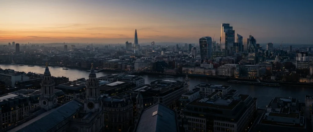 Panoramic city skyline at dusk over a river, warm horizon glow and commercial towers