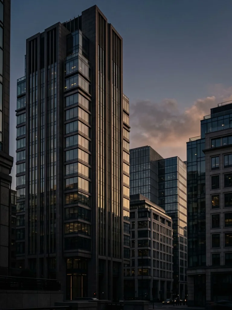 Modern high-rise architecture at dusk, warm reflections on glass facades