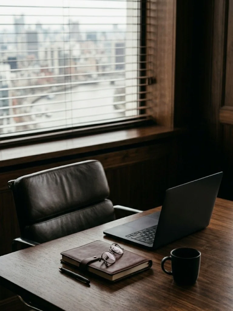 Executive desk with laptop, leather notebook, reading glasses, pen, and mug; soft city view through horizontal blinds
